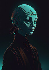 Portrait of an alien, a creepy humanoid in casual clothes on a black background. Generative AI