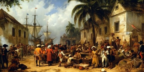 Historic Painting of Colonial Scene - AI Generated - obrazy, fototapety, plakaty