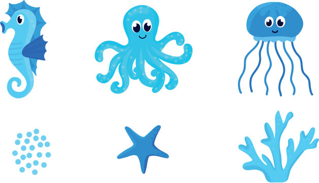 Set of Ocean animals set in the cartoon style. Cute jellyfish, octopus and seahorse, sea star