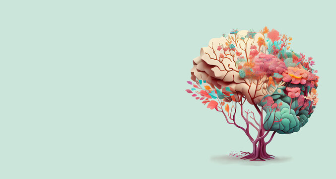 Human brain tree with flowers, self care and mental health concept, positive thinking, creative mind, generative AI 