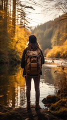 Young Woman Hiking In a Autumn Colored Forest