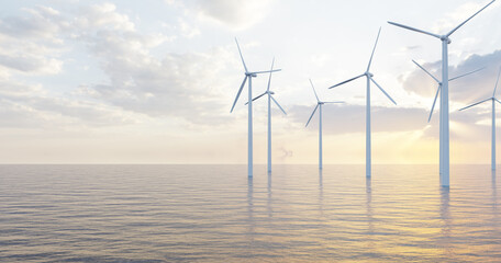 Wind turbine offshore plant in an ocean at sunrise, 3d rendering, alternative energy production