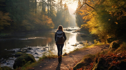 Young Woman Hiking In a Autumn Colored Forest