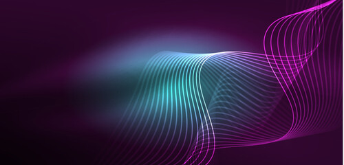 Shiny glowing neon wave. Neon light or laser show, electric impulse, power lines, techno quantum energy impulse, magic glowing dynamic lines