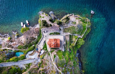 Aerial view of the Church of Saint John the Theologian. Ohrid, North Macedonia.