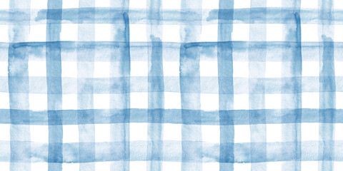 Watercolor plaid in blue. Seamless pattern.  - 618096872