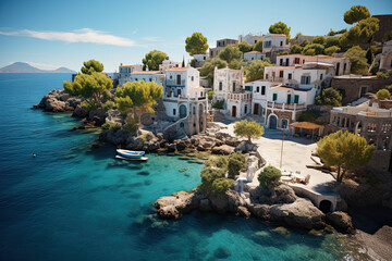 Greek Splendor: A Captivating Realistic Aerial View of Sunlit Island Paradise