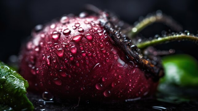  a close up of a red apple with water droplets on it.  generative ai
