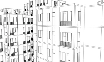 Illustration of an apartment facade, line drawing blueprint
