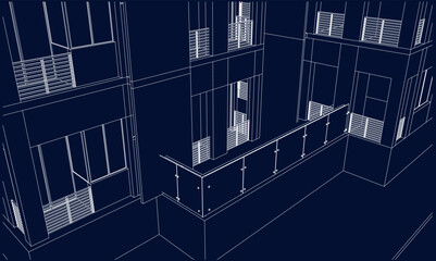 Illustration of an apartment facade, line drawing blueprint