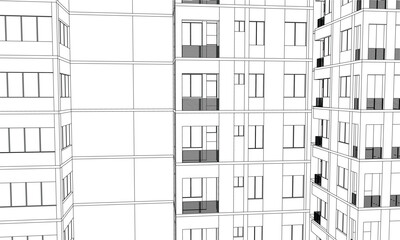 Illustration of an apartment facade, line drawing blueprint