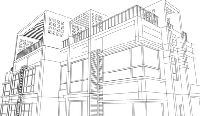 Illustration of an apartment facade, line drawing blueprint © Project Architecture/Wirestock Creators
