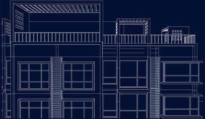 Illustration of an apartment facade, line drawing blueprint