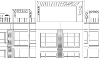 Illustration of an apartment facade, line drawing blueprint