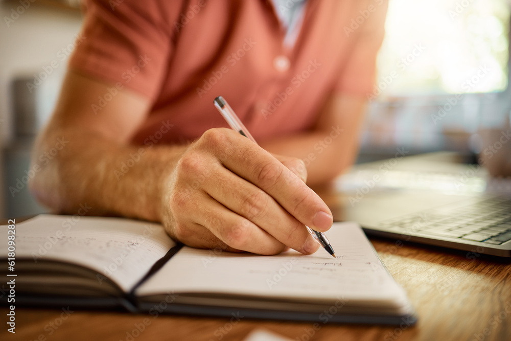 Poster Man, hands and writing on book with pen for notes, schedule planning or strategy on table at home. Closeup hand of male person with notebook for ideas, reminder or information in research or studying