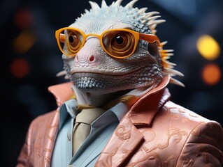 Funny and creative art: an iguana with glasses and a vivid jacket - generated by AI