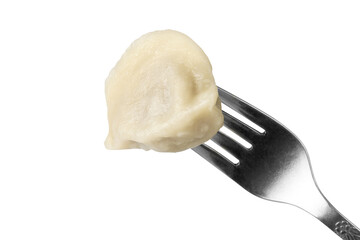 Dumplings pierced on a fork. Dumpling isolated on white background.