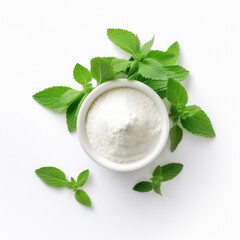 Stevia powder with green plant, in a bowl, isolated on white background, top view, - obrazy, fototapety, plakaty