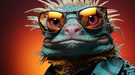 Funny and creative art: an iguana with glasses and a vivid jacket - generated by AI