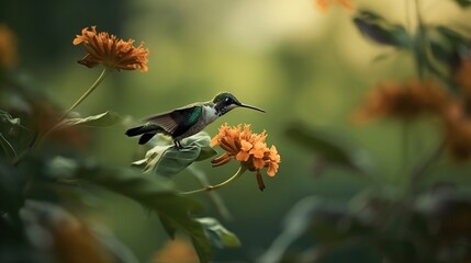  a hummingbird perched on a flower in a field of flowers.  generative ai