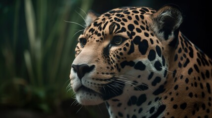  a close - up of a leopard's face with a plant in the background.  generative ai
