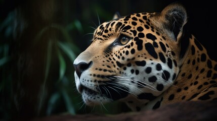  a close up of a leopard's face with a black background.  generative ai