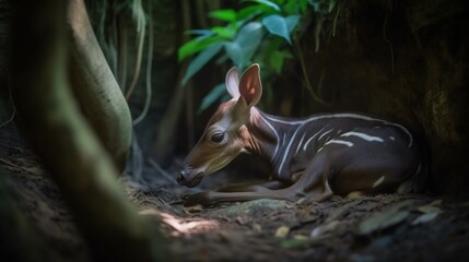  a small deer laying down in the middle of a forest.  generative ai