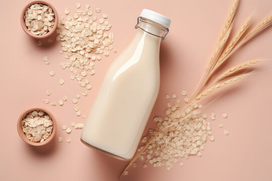 Generative AI.Oat milk alternative on beige background, copy space, top view. Healthy vegan substitute dairy free drink - bottle of oat milk. Vegan
