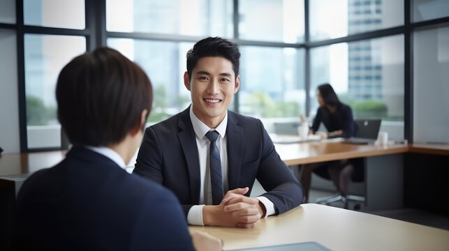 A happy young leader coach mentor businessman smile at group business meeting in modern office, corporate team people engaged in talking at work, Generative AI