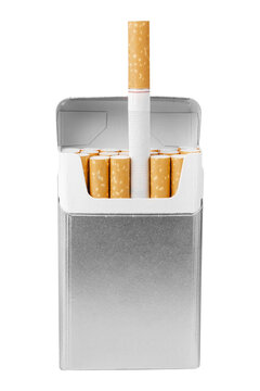 Open pack of cigarettes isolated on white background.