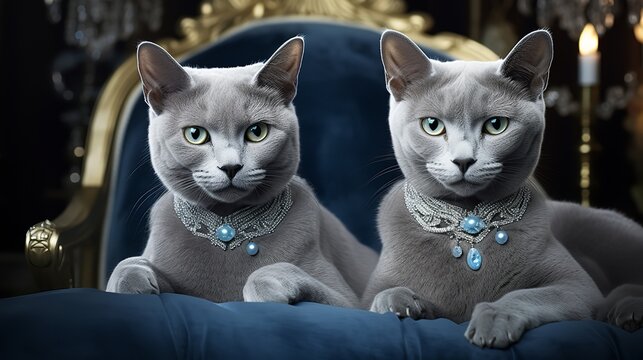 Enigmatic Elegance: Russian Blue Cats Uniting for a Stylish Soiree