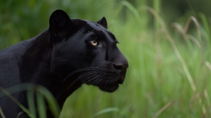 Naklejka na ściany i meble a close up of a black cat in a field of tall grass. generative ai