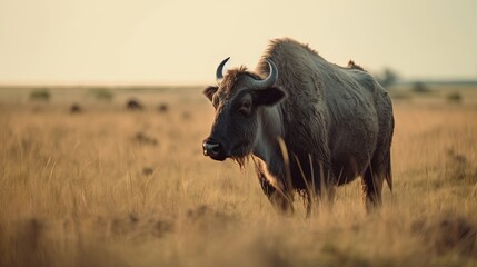  a large buffalo standing in a field of tall brown grass.  generative ai