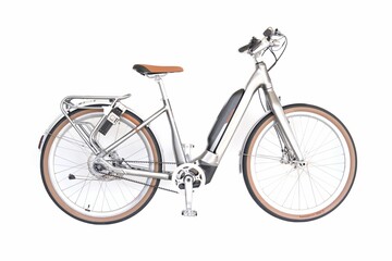 Bicycle, depicting its handlebars, frame and wheels on a white background