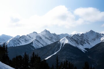 Scenic view of the snow-capped Canadian Rocky Mountains in Banff National Park, Alberta, Canada.
