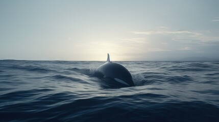 Fototapeta na wymiar an orca in the ocean with the sun behind it. generative ai