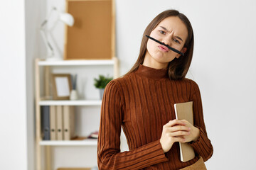 schoolgirl preparation student girl exam notebook table education desk teenager