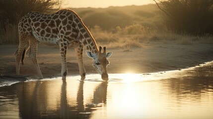  a giraffe drinking water from a pond at sunset.  generative ai