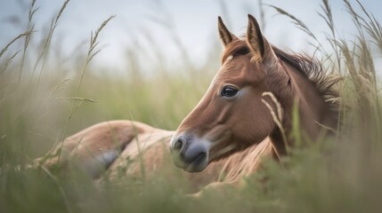 Naklejka na ściany i meble a brown horse laying down in a field of tall grass. generative ai