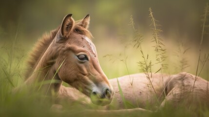 Naklejka na ściany i meble a horse laying down in a field of tall grass with its eyes closed. generative ai