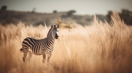  a zebra is standing in a field of tall brown grass.  generative ai - obrazy, fototapety, plakaty
