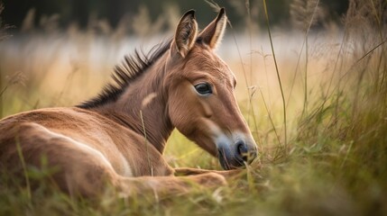 Naklejka na ściany i meble a brown horse laying in a field of tall grass next to a body of water. generative ai