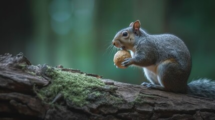 Naklejka na ściany i meble a squirrel is eating a nut on a tree branch in the woods. generative ai