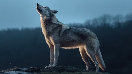  a wolf standing on top of a hill with its mouth open.  generative ai