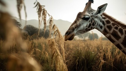 Fototapeta premium a giraffe standing in a field of tall grass. generative ai