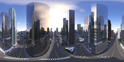 Cityscape. panorama 360. Environment map. HDRI map. Equirectangular projection. Spherical panorama. 3d rendering