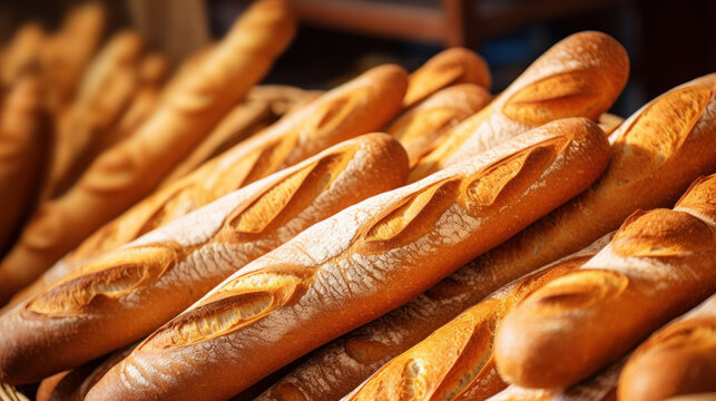 many baguettes bread background on bakery