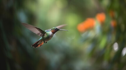 Fototapeta na wymiar a hummingbird flying through the air with its wings spread. generative ai