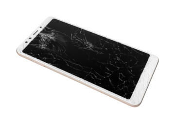 Broken phone, isolated on white background. Broken touchscreen. Cracked glass on the screen