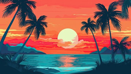 Plakat tropical beautiful beach illustration cartoon flat style simple digital poster design, Generative AI.